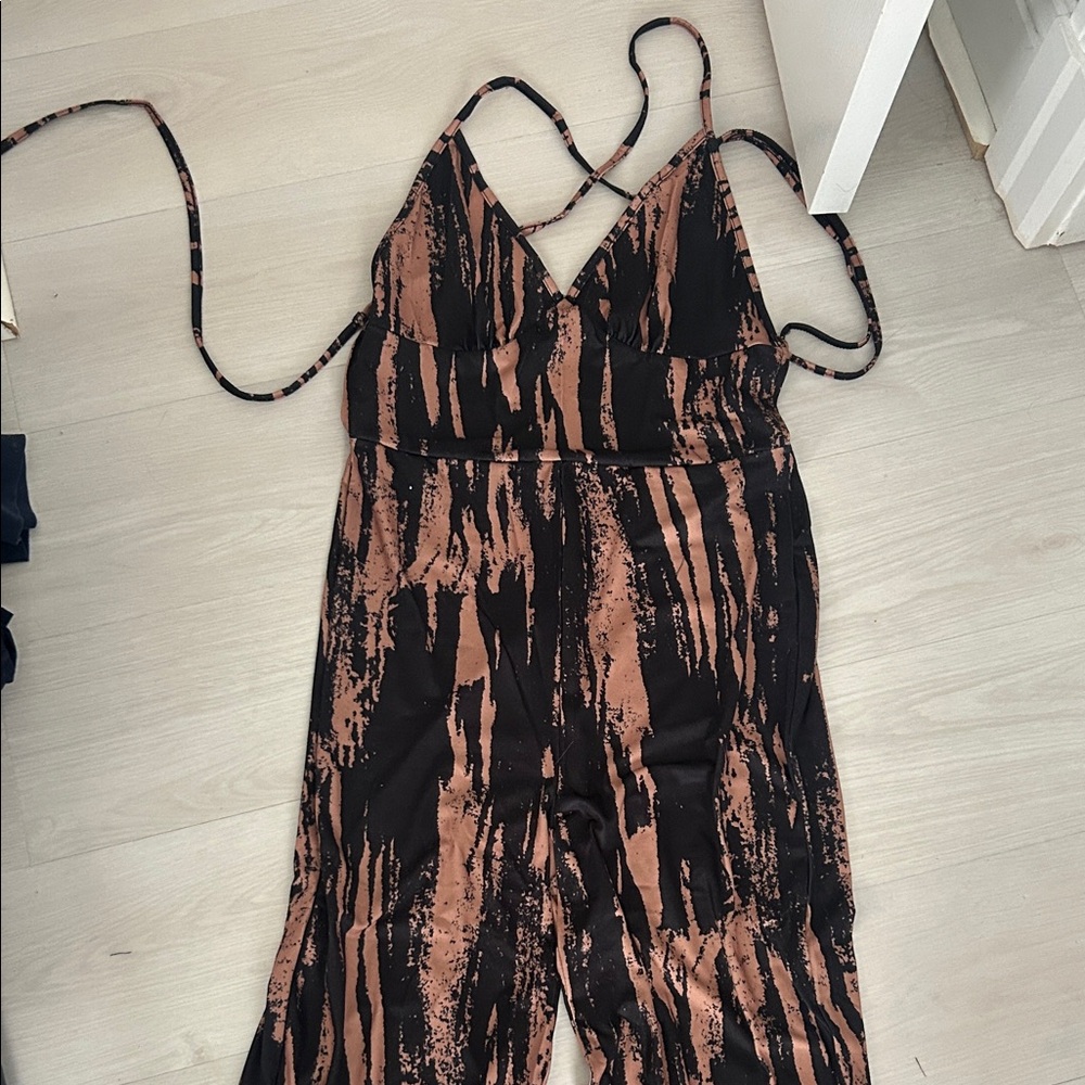 SHEIN Black and Brown Printed Strappy Jumpsuit